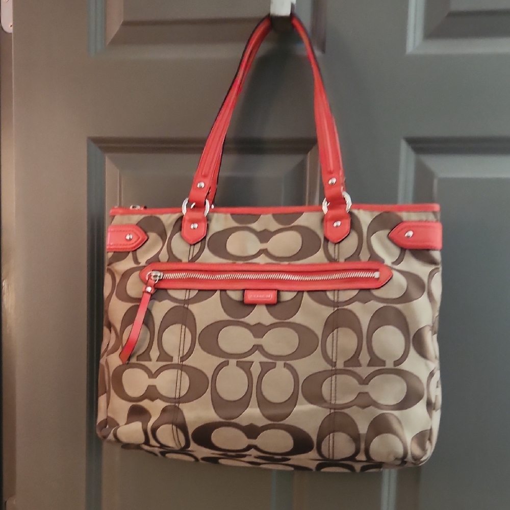 Coach Tan and Red Signature Tote Bag
